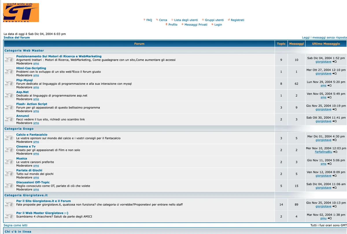 Il Forum GT nei primi anni: le sezioni del forum con il logo GT.